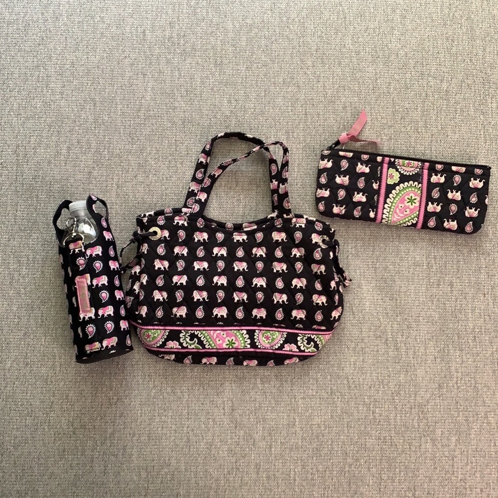 Vera Bradley mini tote, water bottle holder and makeup case.